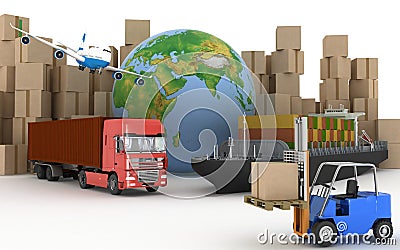 Cargo ship, truck, plane and loader with boxes Stock Photo