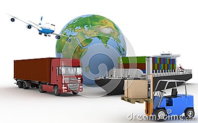 Cargo ship, truck, plane and loader with boxes Stock Photo