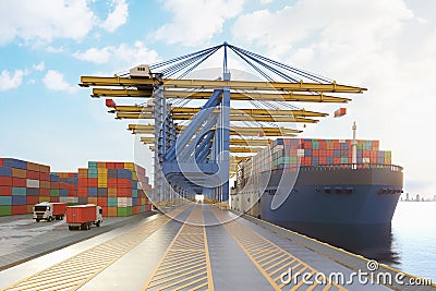 Cargo ship or vessel with containers at terminal port Stock Photo