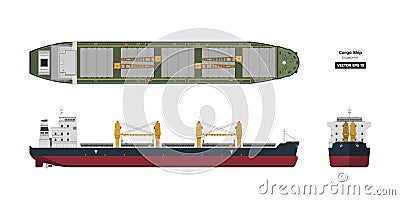 Cargo ship on a white background. Top, side and front view. Container transport in flat style. Industrial drawing Vector Illustration