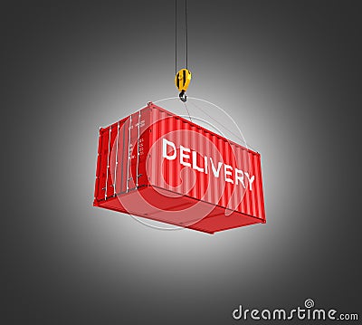 Cargo shipping container loading concept the crane lifts the container with an inscription delivery on balck gradient background Stock Photo