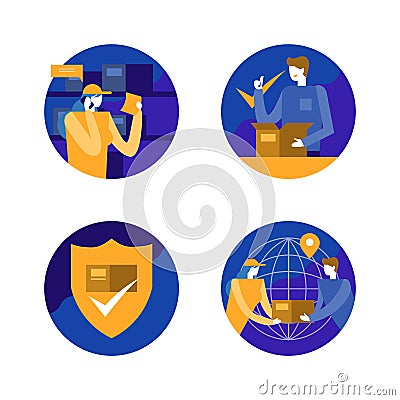 Cargo and shipping icon set. woman calling phone checking product stock, customer guarantee, worldwide shipping. flat design elem Vector Illustration