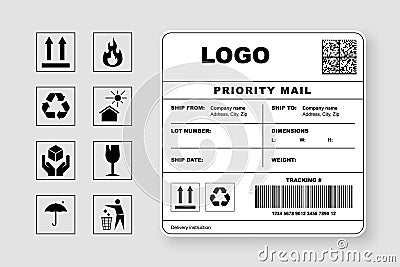 Cargo shipping label priority mail template and warning sign Vector Illustration