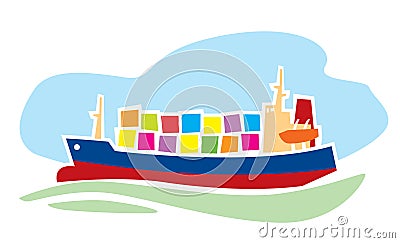 Cargo ships. Medium size container ship. Shipping Containers. Sea delivery. Vector Illustration