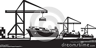 Cargo ships at industrial port Vector Illustration