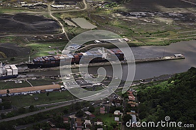 Cargo Ships at Miraflores Locks Stock Photo