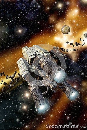 Cargo spaceship in asteroid field Cartoon Illustration