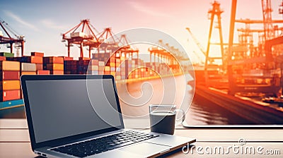 Cargo staff using computer laptop to monitor distribution flow control container ship Stock Photo