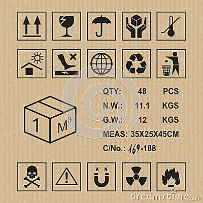 Cargo symbols on cardboard texture Vector Illustration