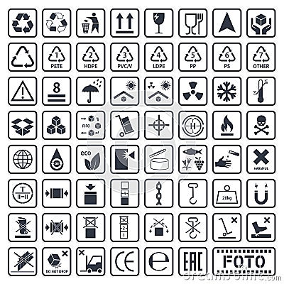 Cargo symbols set, packaging icons Vector Illustration