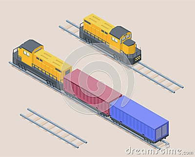 Vector isometric illustration of yellow cargo train with red and blue containers. Railroad elements. Front and back of locomotive. Cartoon Illustration