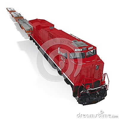 Cargo train with heavy duty flat cars on white. 3D illustration Cartoon Illustration