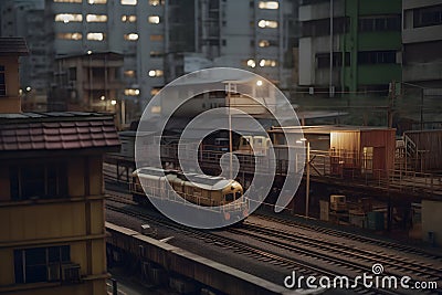 Cargo train platform with freight train container at depot. Neural network AI generated Stock Photo