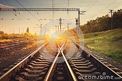 Cargo train platform at sunset. Railroad. Railway station Stock Photo