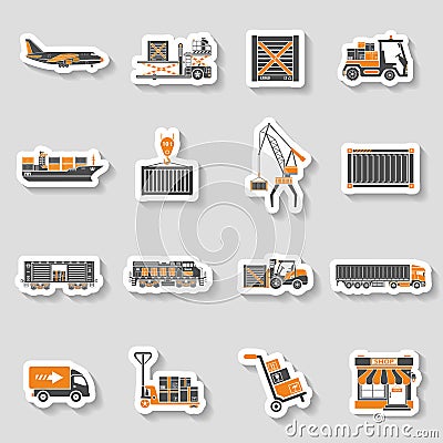 Cargo Transport and Packaging two color sticker set Vector Illustration