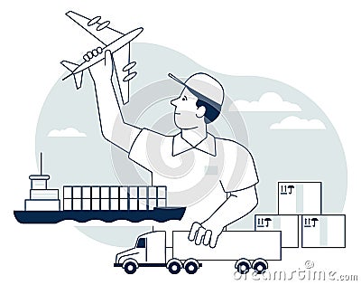 Cargo transportation concept. Marine shipping with freight plane and trucks Vector Illustration