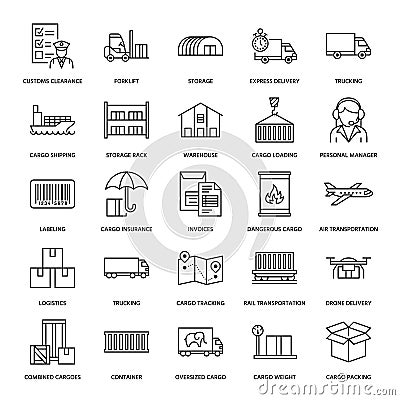 Cargo transportation flat line icons. Trucking, express delivery, logistics, shipping, customs clearance, cargoes Vector Illustration