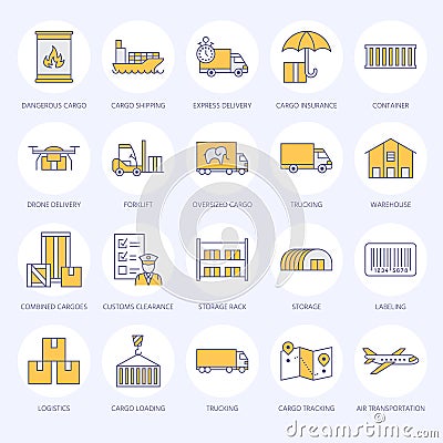 Cargo transportation flat line icons. Trucking, express delivery, logistics, shipping, customs clearance, cargoes Vector Illustration