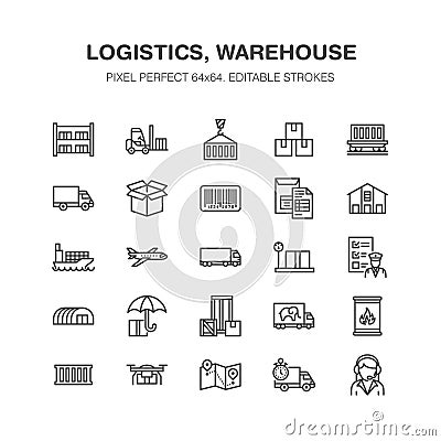 Cargo transportation flat line icons Trucking, express delivery, logistics, shipping, customs clearance, package Vector Illustration