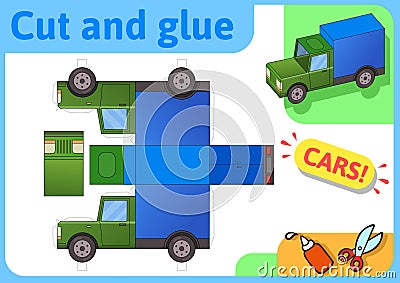 Cargo truck paper model. Small home craft project, paper game. Cut out, fold and glue. Cutouts for children. Vector Vector Illustration