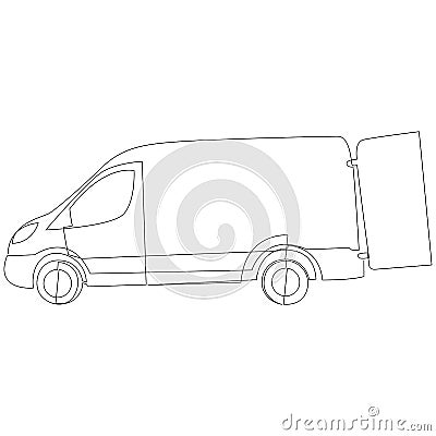 Cargo van with open doors continuous one line drawing. Truck, lorry minimalistic sketch. Logistics, conveyance service Vector Illustration