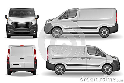 Cargo vehicle front, side and rear view. Silver delivery mini van . Delivery Van Mockup for Advertising and Vector Illustration