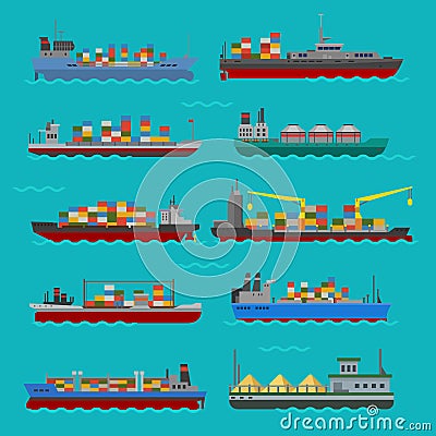 Cargo vessels and tankers shipping delivery bulk carrier train ferry freight industrial goods boat tankers isolated Vector Illustration