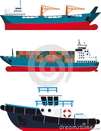 Cargo Vessels and tugboat Vector Illustration