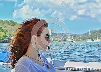Caribbean boat trip. Woman portrait. Saint Vincent and the Grenadines. Stock Photo