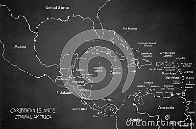 Caribbean islands Central America map, state names, separate states, blackboard chalkboard vector Vector Illustration