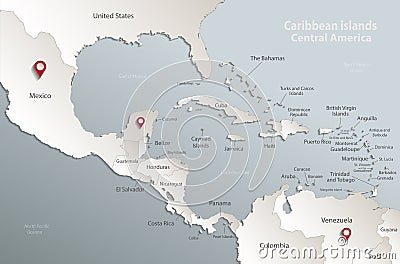 Caribbean islands Central America map card blue white 3D Vector Illustration