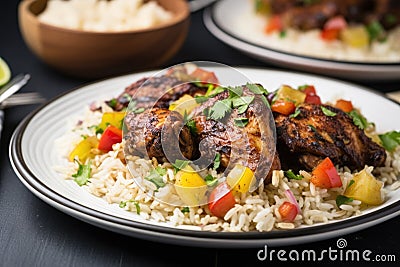 caribbean jerk chicken on a bed of rice Stock Photo