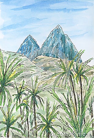 Caribbean Leeward Antilles landscape with two mountain peaks Stock Photo