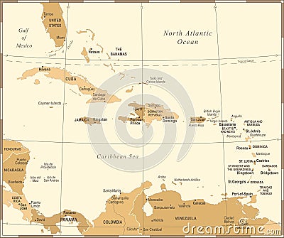 The Caribbean Map - Vintage Vector Illustration Stock Photo