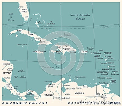 The Caribbean Map - Vintage Vector Illustration Stock Photo