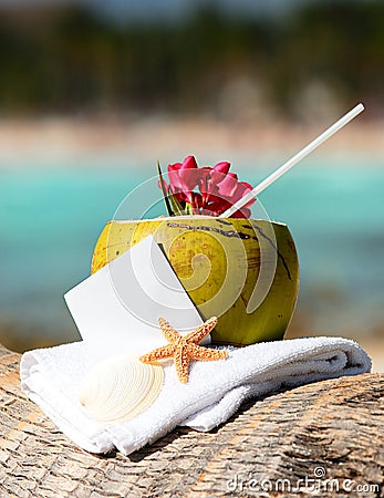 Caribbean paradise beach coconuts cocktail Stock Photo