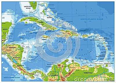 The Caribbean Physical Map Vector Illustration