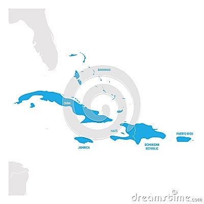 Caribbean Region. Map of countries in Caribbean Sea in Central America. Vector illustration Vector Illustration