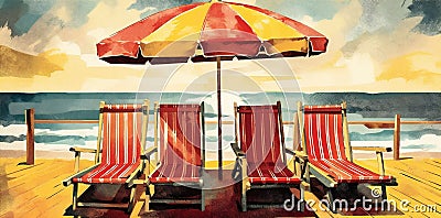 exotic relax resort umbrella watercolor vacation summer chair beach background rest. Generative AI. Cartoon Illustration