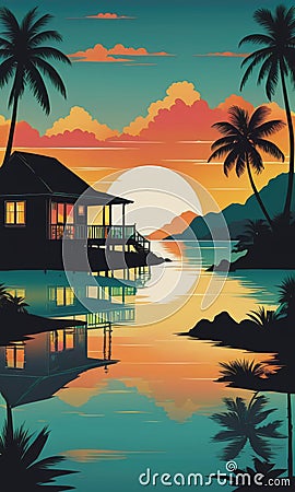 Caribbean Sunset Serenity: Bungalow Silhouettes in Reflective Tranquility Stock Photo