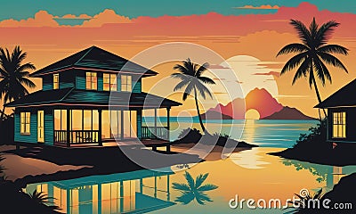 Caribbean Sunset Serenity: Bungalow Silhouettes in Reflective Tranquility Stock Photo
