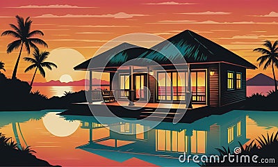 Caribbean Sunset Serenity: Bungalow Silhouettes in Reflective Tranquility Stock Photo