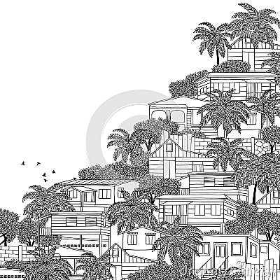 Caribbean village wth wooden stilt houses Vector Illustration