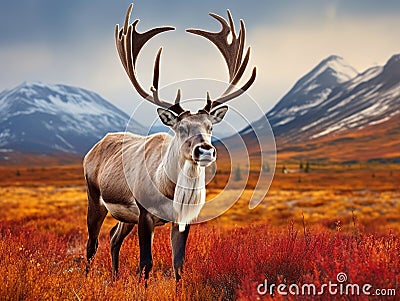 Ai Generated illustration Wildlife Concept of Cariboe among Fall Tundra Cartoon Illustration