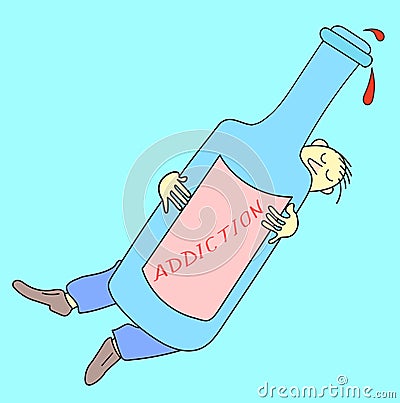 Caricature of an alcoholic. Man falls asleep and falls in hug with bottle Vector Illustration