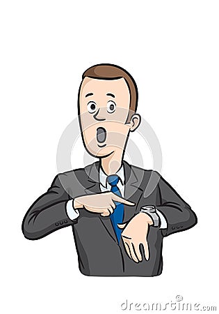 Caricature businessman checking the time on his watch Vector Illustration