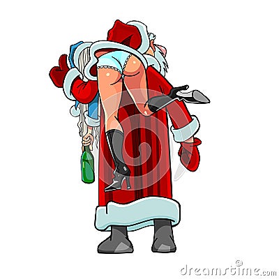 Caricature cartoon Santa Claus shouldered drunken Snow Maiden Vector Illustration