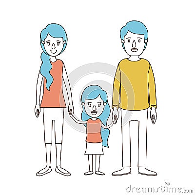 Caricature color sections and blue hair of family with young father and mom with side ponytail hair with little girl Vector Illustration