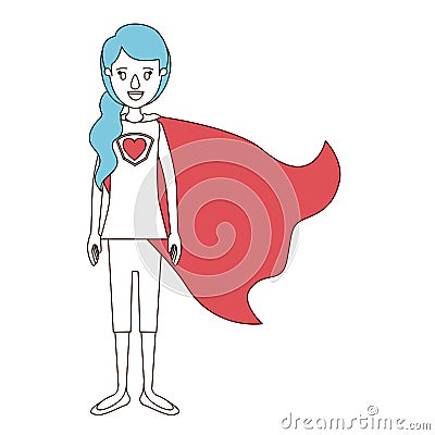 Caricature color sections and blue hair of full body super hero woman with ponytail hair and cap Vector Illustration