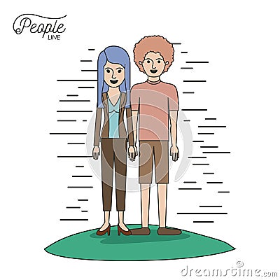 Caricature couple people line casual clothes guy curly hair and woman with straight hairstyle standing in formal suit in Vector Illustration